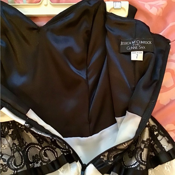 Jessica McClintock for Gunne Sax black & white retro prom dress, sz 7 strapless. - Picture 4 of 13